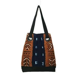 Women's Brown Woven Canvas Tribal Ethnic Pattern Tote